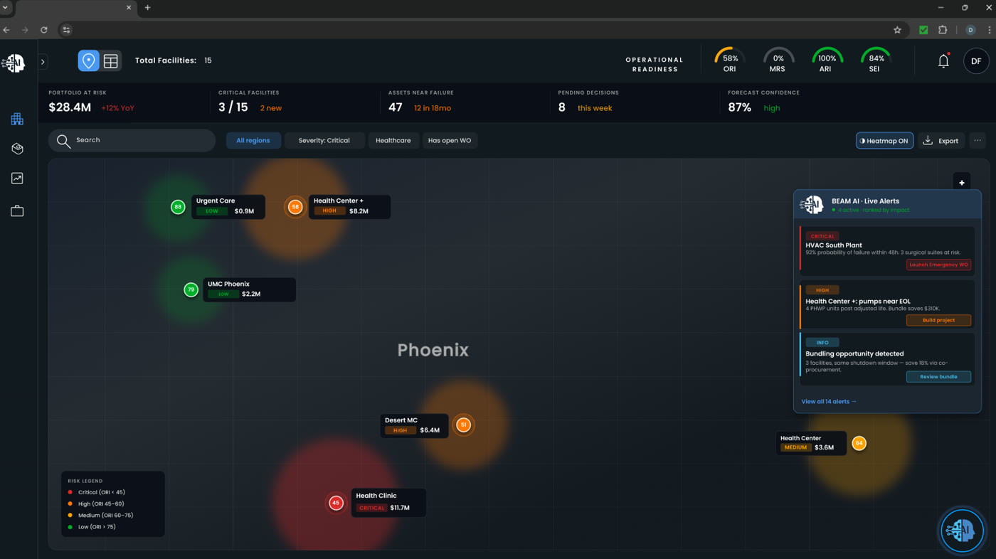 BEAM AI portfolio risk dashboard with live alerts and facility risk map
