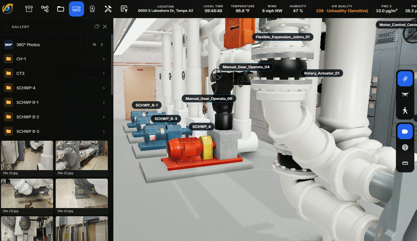 vEye gallery interface showing a tagged 3D digital twin of a mechanical room